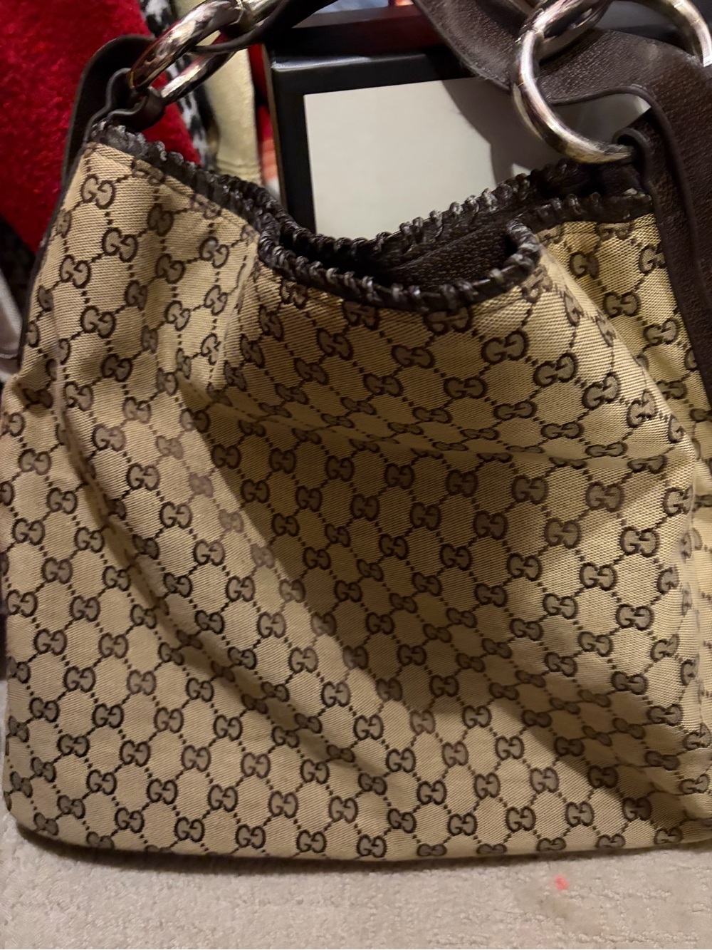 Gucci Beige Monogram Canvas Shoulder Bag with Dark Brown Trim